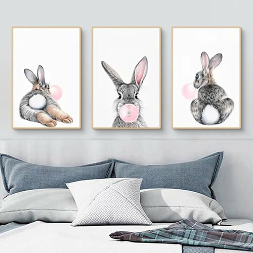 TROYSINC 3er Ostern Poster Set,Kawaii Hase Frühling Ostern Decoration Bilder,Fröhliches Osterhase Wandkunst für Wohnzimmer, Kinderzimmer & Osterdekoration (30x40cm)