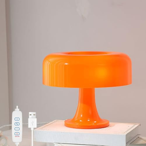 LOGT LED Pilz Lampe Dimmbar Innen Pilz Tischlampe mit USB Stecker und Kabel Nachttischlampe Innen 3 Farbtemperaturen 3000K-6000K Moderne Pilzlampe Acryl Lampenschirm Schlafzimmerlampe,Orange
