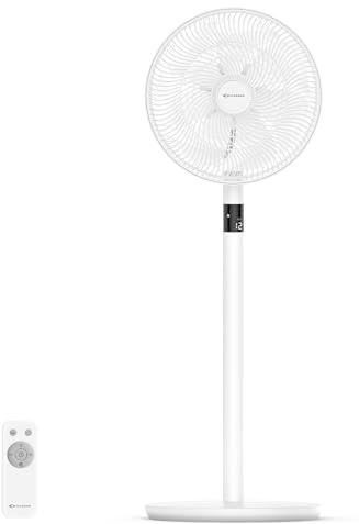 MYCARBON Pedestal Fan 23W Ultra-Energy Saving DC Standing Fan Quiet for Bedroom/Office, 12 Speeds with Remote, Adjustable Height Floor Desk fan, 3D Oscillation, 12h Timer, 2200 m³/ H