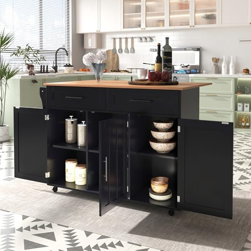 Merax Kücheninsel Freistehend mit Klappbarer Arbeitsplatte, Kitchen Island mit 5 Rollen, Verstellbaren Ablage, Handtuchhalter und 2 Schubladen, Küchenschrank, Küchenwagen, 129x71x91,5cm (Schwarz)