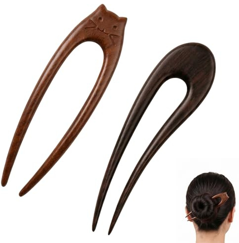 2 Piezas Horquillas Pelo Mujer en Forma de U de Madera de Sándalo y Ébano, Tenedores de Pelo Estilo Francés 14cm y 15cm, Pinza Francesa Pelo para Moños, Accesorios Cabello para Fiestas y Diario