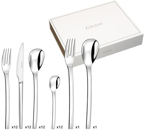 COUZON - Ménagère 50 couverts de table en coffre bois pour 12 personnes - Pix'Elle - Acier inoxydable 18/10, Finition Miroir, Epaisseur 2.5 mm - Inox