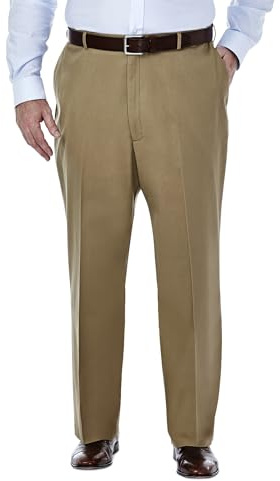 Haggar Men's Classic Fit Flat-Front Hidden Expandable Waistband Premium No Iron Khaki, 40W x 29L - British Khaki