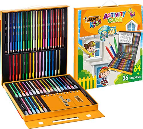 BIC Kids Activity Case, Maletín Creativo de 100 Piezas que incluye 24 Lápices, 24 Rotuladores, 16 Crayones y 36 Adhesivos. Incluye 36 stickers. Ideal para regalo, diversión asegurada.
