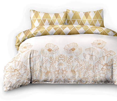 AmeliaHome 06716 2tlg Biber Bettwäsche 155x220 cm mit 1 Kopfkissenbezug 80x80 cm 100% Baumwolle Blumen geometrisches Muster Bettbezug Reißverschluss Snuggy Collection Golden Poppy beige
