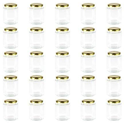 Encheng 6 oz Clear Hexagon Jars,Small Glass Honey Jars With Lids(Golden),Mason Jars For Herbs,Foods,Jams,Liquid, Canning Jars Spice Jar For Storage 25 Pack