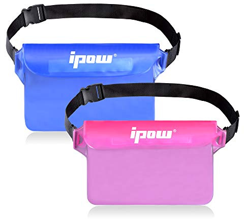 ipow Waterproof Pouch Bag Case with Adjustable Waist Strap [2 Pack] Transparent Screen Touchable for Beach, Swimming, Boating, Fishing, Hiking - Keep Your Phone and Valuables Safe and Dry