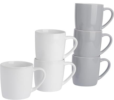 Argon Tableware Coloured Coffee Mugs - Grey/White - 350ml - Pack of 6 - Gloss Ceramic Stoneware Latte Cappuccino Cups Hot Chocolate Cups Colourful Mug Set with Handle