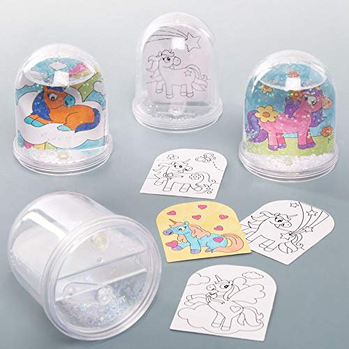 Baker Ross AT316 Unicorn Snow Globe Kits - Pack of 4, Colour In Snowglobes for Kids Arts and Crafting Activities, Gifts, Party Favours or Rewards