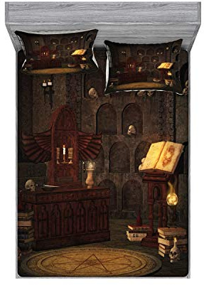 Ambesonne Gothic Fitted Sheet & Pillow Sham Set, Chamber of Secret Rite with Skulls on The Wall Sorcery Spell Image Print, Decorative Printed 3 Piece Bedding Decor Set, Full, Brunette Brown