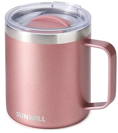 SUNWILL Travel Coffee Mug with Lid, Insulated Tumbler with Handle, 14 oz Stainless Steel Cup for Ice, Water, Tea, Rose Gold