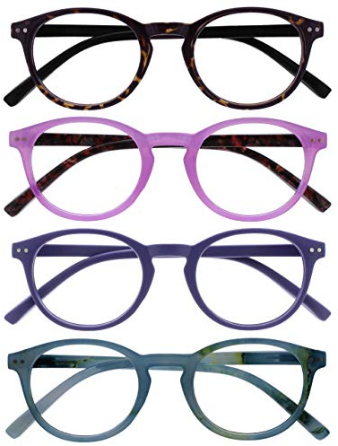 OPULIZE Zen Lesebrille 4er Pack Kleine Runde Rahmen Federscharniere Kratzfest Dunkelbraune Rosa Lila Türkis Herren Damen RRRR24-245Q +3.50