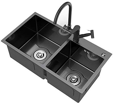 Fregadero de cocina doble de acero inoxidable con escurridor | acero inoxidable 201 | Tamaño 780 x 430 mm | Color negro | con grifo