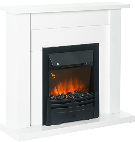 HOMCOM 40 Electric Firplace Suites & Mantelpiece w/LED Flames Remote Marble Stone Modern Curved Surround Intelligent Safe Tempered Glass Adjustable Thermal 1000W/2000W
