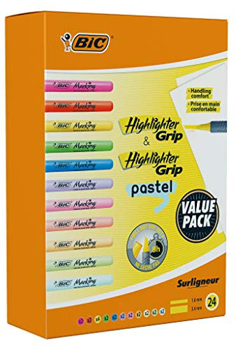 BIC Highlighter, Textmarker, 24er Pack, in verschiedenen Farben inkl. Pastell, mit Keilspitze, Strichstärke: 1.6 bis 3.4 mm, mit Austrocknungsschutz