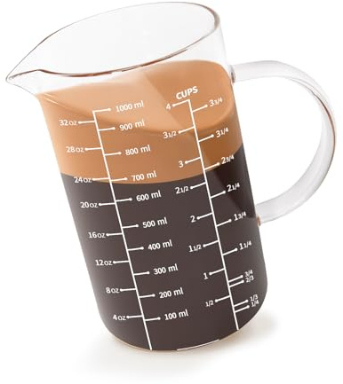 Newness Messbecher Glas mit Griff, 1000 ML Messbecher mit Drei Waagen (OZ, Tasse, ML/cc) und V-Förmigem Auslauf, Messbecher für Küche oder Restaurant, Leicht zu Lesen