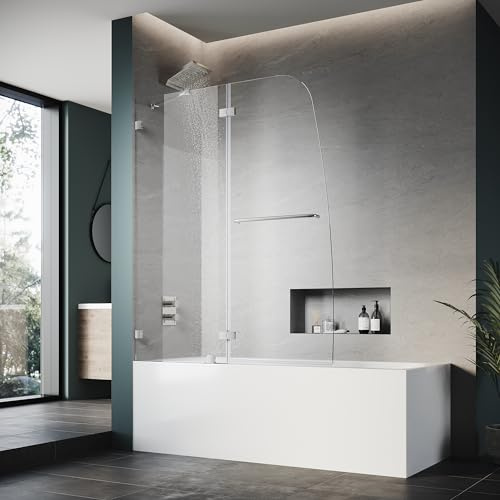 ELEGANT 48 W x 58 H Frameless Bathtub Shower Door with 5/16 Clear Tempered Glass, Hinged Pivot Tub Shower Door in Chrome, Support Bar Included