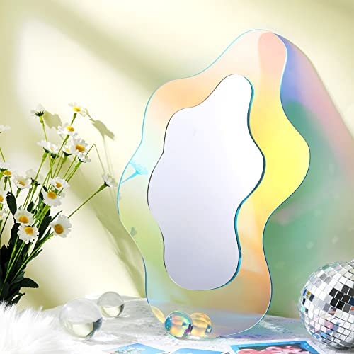 Qunclay Miroir ondulé en acrylique arc-en-ciel irrégulier pour décoration d'intérieur 36 x 24 cm Miroir de courtoisie ondulé sans cadre pour décoration murale de Noël, salon, chambre à coucher, cadeau