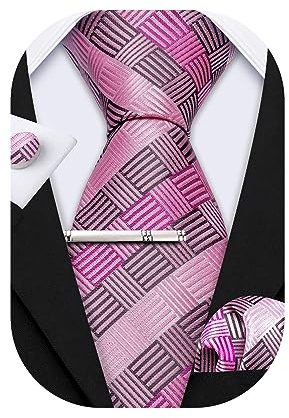 Barry.Wang Men Tie Stripe Plaid Silk Ties Pocket Sqaure Cufflink Tie-Clip 4PCS Set Classic Business Wedding Necktie (Grey Pink)
