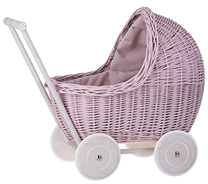 e-wicker24 Alles aus Weide Puppenwagen aus Weide mit Bettwäsche perfekte Geschenkidee Korbpuppenwagen schöner Spielzeug aus Korbgeflecht Korbwagen für Puppen Spielzeug für Mädchen (Pink)