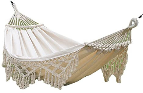 Momooda Garten Hängemattengestell 2 Personen mit Gebogener Holzstange für Camping Verdickte Hängematte mit Quaste für Innen Draussen Weiß 300cmx150cm