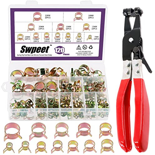 Swpeet 121Pcs 7-22mm Spring Band Hose Clamps - Assortment Kit, Silicone Vacuum and Flat Band Fuel Hose Clamp Kit, Action Pipe Low Pressure Air Clip Clamp