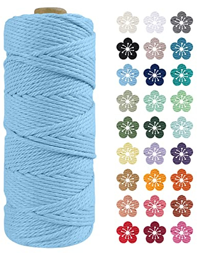 LEREATI Macrame Cord 2mm x 100m, Thick Macrame Rope Natural Cotton Rope Craft String, 3 Strand Twisted Cotton Cord Yarn for DIY Plant Hanger, Wall Hanging, Christmas Decoration (Sky blue)