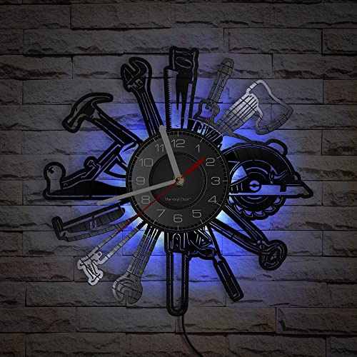 Smotly Vinyl Wanduhr Mit LED-Nachtlichtfunktion - Holzschnitzwerkzeug Geformt, Geschenk Für Handwerker