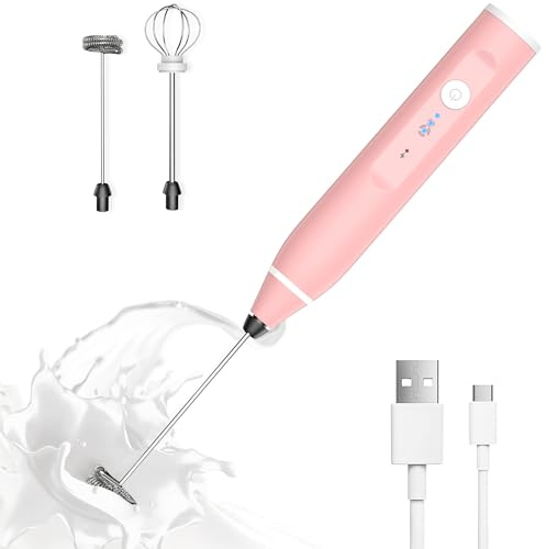 Mousseur à lait électrique rechargeable à main avec 2 fouets en acier inoxydable et 3 vitesses réglables pour café, matcha, latte, cappuccino, chocolat chaud (rose classique)