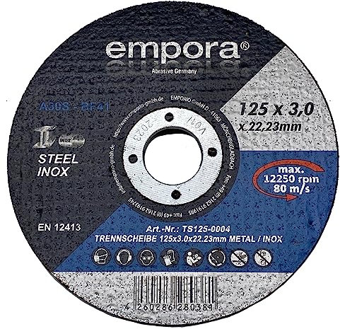 EMPORA Disque à tronçonner 125 mm pour meuleuse d'angle – Disque flexible – Disque à ébarber – Acier inoxydable et métal Ø 125 mm x 3,0 mm x 22,23 mm – max. 13300 tr/min – 80 m/s – EN. 12413