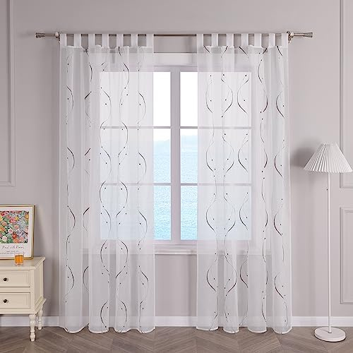 ESLIR Gardinen mit Schlaufen Vorhänge Gardinenschals Transparent Stores Gardinen Weiß Schlaufenschals Voile Fensterschal Wohnzimmer Bestickt BxH 140x225cm Grau 1 Stück