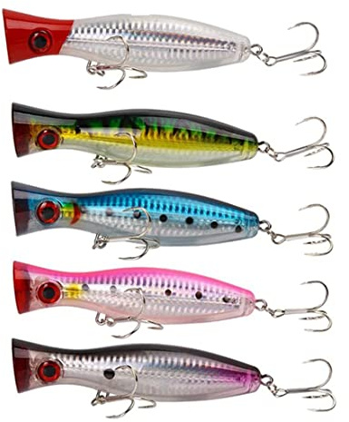Exogio 5 Stück Angellocher Köder für Oberflächen Angeln, Popper Köder Topwater Angellocher- Fang-/Spinnen Angeln, Kunstköder Meer Angelköder für, Pike, 12,5 cm und 40 Gramm