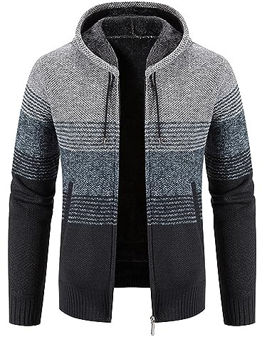 ZTRADA Tjock varm fleecekappa för män, randig dragkedja, huvtröja, pullover, herr, långärmad huvtröja, sweatshirt, stickad stickad tröja med fickor, UK storlek 10 20, Ljusgrå, M