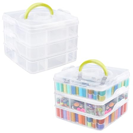 YKUKIZEE 2PCS Cross Stitch Thread Organiser Box 3 Tier Embroidery Floss Box | Cross Stitch Thread Organiser Box with Compartments, for DIY Arts Crafts, Clear ,Stacked
