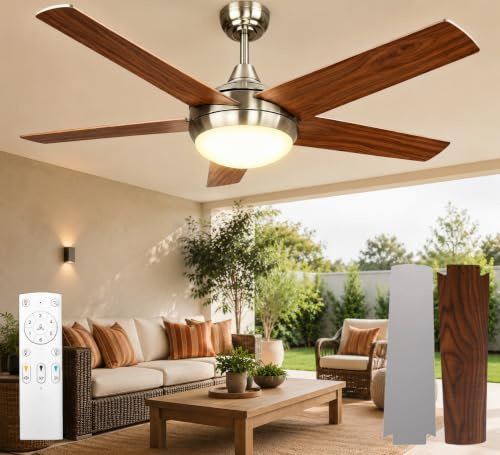 Deckenventilator mit Beleuchtung, Leiser DC-Ventilator 132cm mit Fernbedienung, Dimmbare Lampe 3000K-6500K, 5 Flügel, 6 Geschwindigkeiten, Timer, für Schlafzimmer, Esszimmer, Wohnzimmer, Küche, Büro