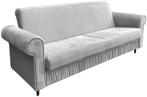 Ares Meble Sofa Karen - Sofa 3 Sitzer - Schlafsofa mit Bettkasten - Couch Schlaffunktion - Wohnzimmer Möbel - Samt - Grau - Beine Walnußholz