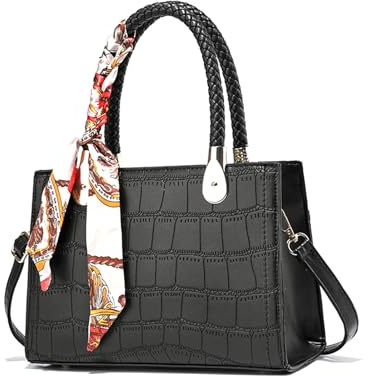 NICOLE & DORIS Damen Handtaschen Klein Tote Handtasche Elegante Schultertasche PU Leder Umhängetasche Designer Henkeltasche mit Seidentuch Schwarz
