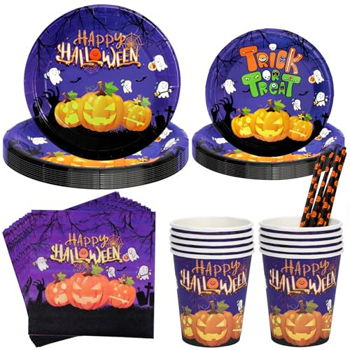Set Stoviglie Halloween, 50 Pezzi per 10 Ospiti - Tavola Fantasma, Zucca, Piatto, Dessert, Asciugamani, Cannucce, Bicchieri per Feste Spaventose