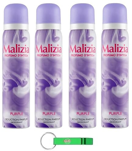 4x MALIZIA PROFUMO D'INTESA Purple Seduction Parfum,Deodorant Deo Spray 100ml + Kostenloser Beni Culinari Schlüsselanhänger
