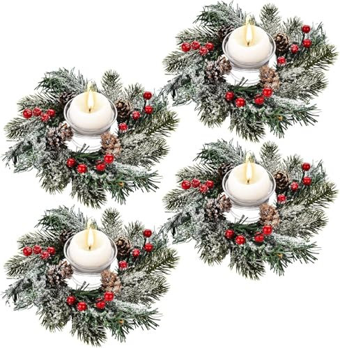 KAHEIGN 4Pcs Christmas Candle Rings, 20CM Artificial Red Berries Pinecones Wreath Snowy Pine Needles Candle Holder for Pillars Rustic Wedding Centerpiece Front Door Christmas Table Party Decoration