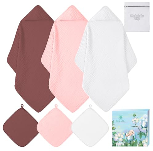 Koo-dib Badhanddukar för barn, babyhandduk med huva för nyfödda, 100 % musselbomull med huva för nyfödda, 70 x 70 cm (Rödvin och rosa och vit)