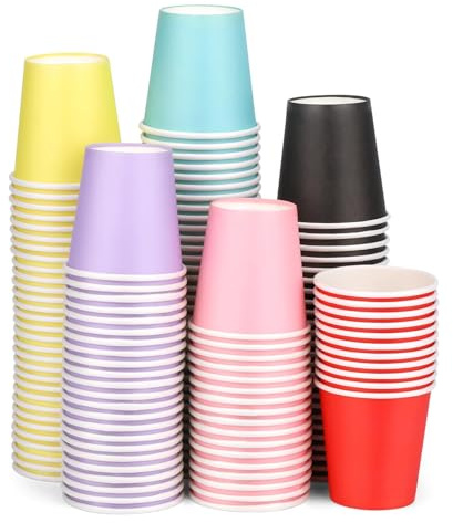 ENCHOL Pappbecher, Einweg-Badezimmerbecher, Mundspülbecher, Mini-Espressotassen, bunte Pappbecher, 85 ml, Einweg-Pappbecher für Party, Picknick, Büro und Reisen, 120 Stück