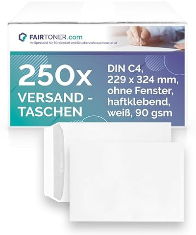 Fairtoner Versandtasche C4, weiß, 250 Stück Ohne Fenster | Haftklebend, 90gsm, Mit Innendruck, Peal & Seal Streifen
