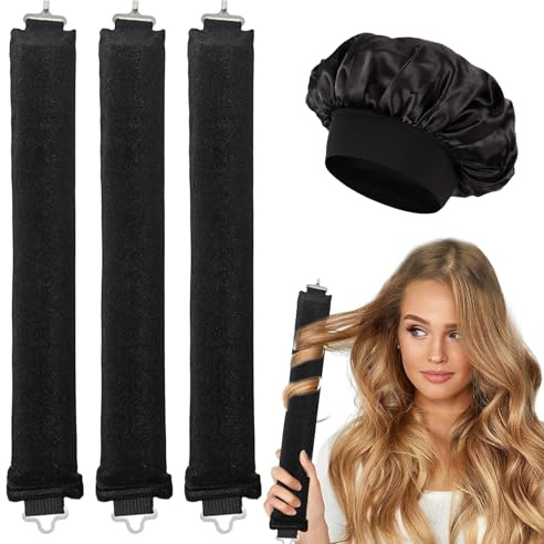 3Pcs Hitzefreie Lockenwickler, Haar Locken über Nacht, Lockenwickler Über Nacht mit Haken, mit Satin Haarhaube, Langes und Kurzes Haar Verwendet Werden(Schwarz)