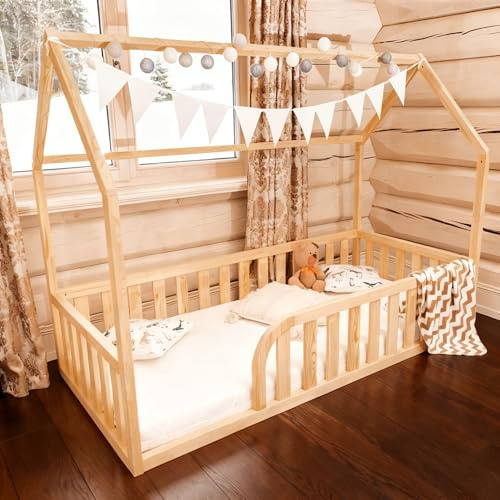 Mandrele Bodenbett 90x200 für Kinder, Montessori Hausbett aus FSC-Kiefernholz Natur, Kinderbett mit Lattenrost und 41 cm Rausfallschutz, Einstieg Links