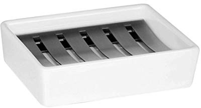 AstraLoom Edelstahl-304-Keramik-Seifenschale mit Zweischicht-Drainage – Rostfrei, platzsparend für Bad/Küche weiß