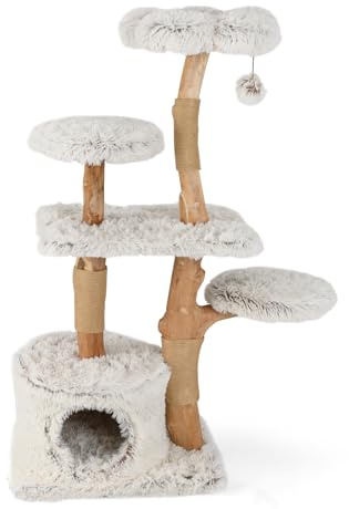 SOARS Kratzbaum Holz, Katzenbaum mit 2 natürlichen Birnbaumstämmen, Sitzplattform & Plüschflächen, Spielball, Katzenkratzbaum mit Juteseil, Katzenmöbel, Kletterbaum mehrstöckig, 45 x 60 x 135cm