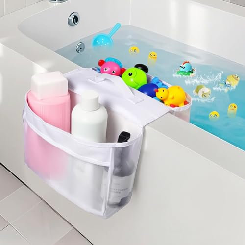 Zyiphor Sac de Rangement Jouets de Bain Bébé, Organisateur Suspendu en Filet de Maille Résistant, 2 Compartiments pour Salle de Bain, Idéal pour Baignoire et Douche, Accroche Murale ou d'Angle