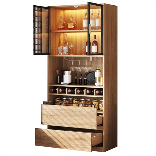 Billg Hochschrank mit Offenem Fach, Küchenbuffet mit 2 Schubladen, Küchenschrank mit Arbeitsfläche, Vitrinenschrank mit 2 Türen für Küche, Esszimmer, Wohnzimmer, Flur, Holz 180 * 40 * 80cm