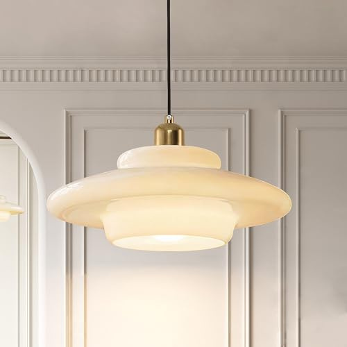 Zobawlks Milk Glass Pendant Light: Mid Century Modern Gold Brass Pendant Light Fixture Dining Table Bedroom - Height Adjustable White Glass Shade Hanging Lamp for Kitchen Island